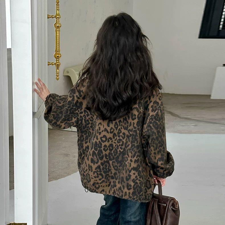 Girls’ Leopard Print Zip-Up Casual Jacket