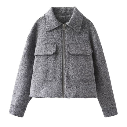 Women’s Woolen Lapel Pocket Jacket