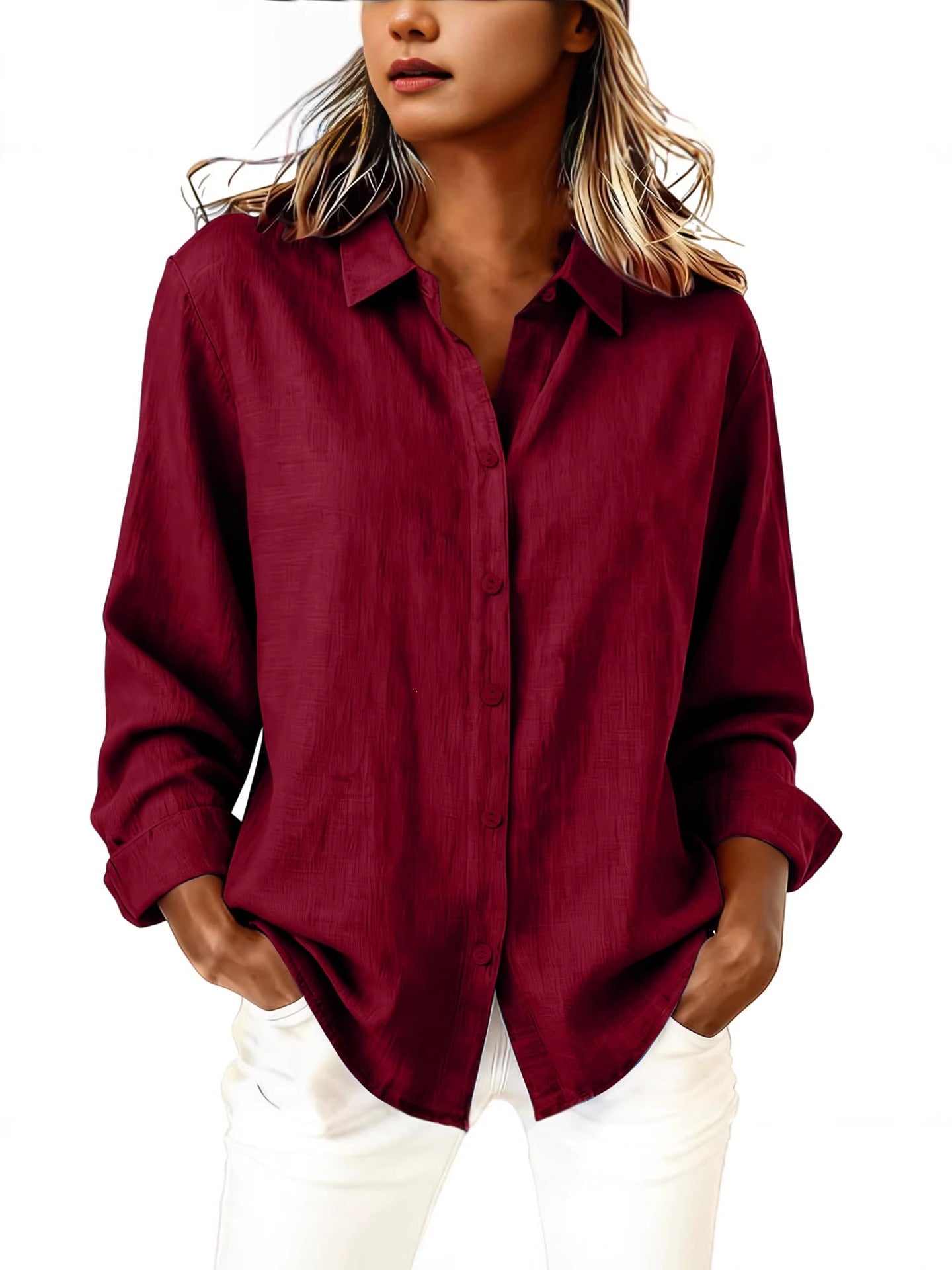 Women’s Cotton-Linen Lapel Loose Cardigan Shirt