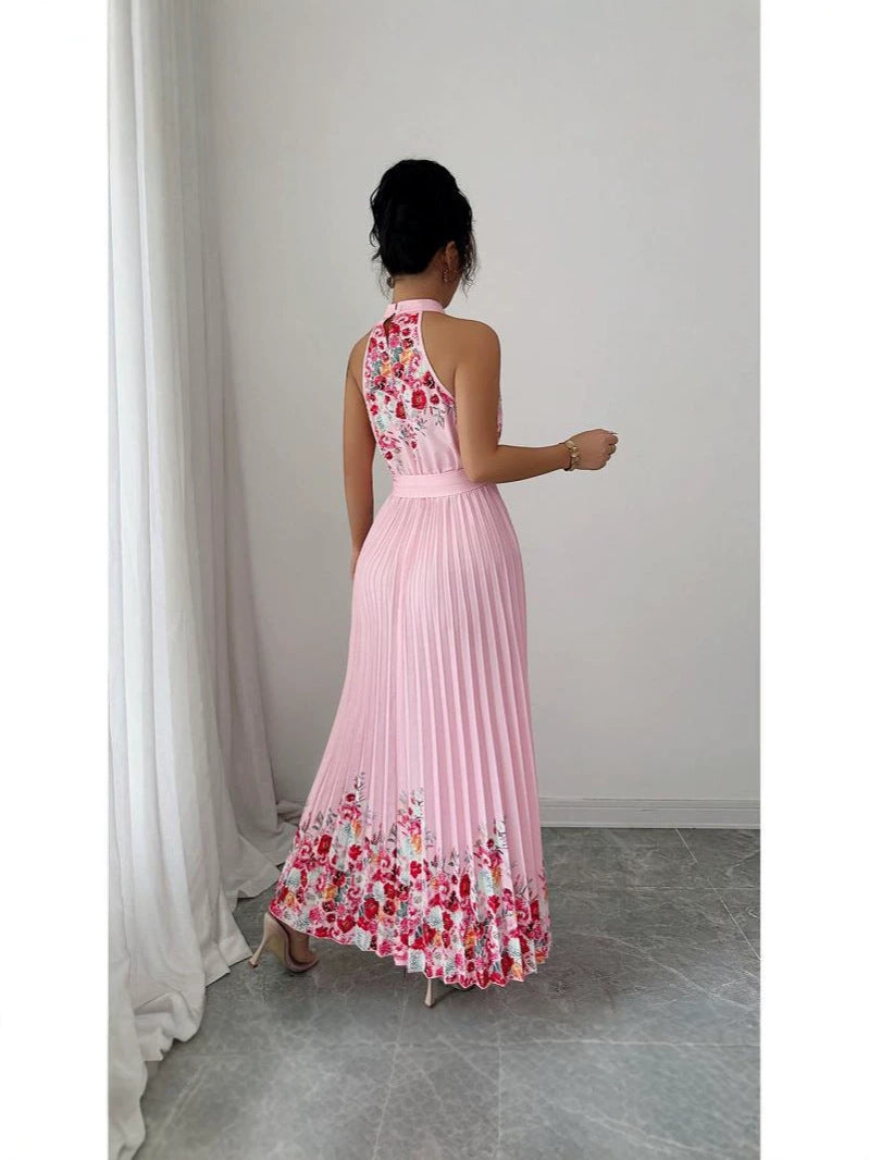 Women’s Elegant Floral Halter Pleated Maxi Dress