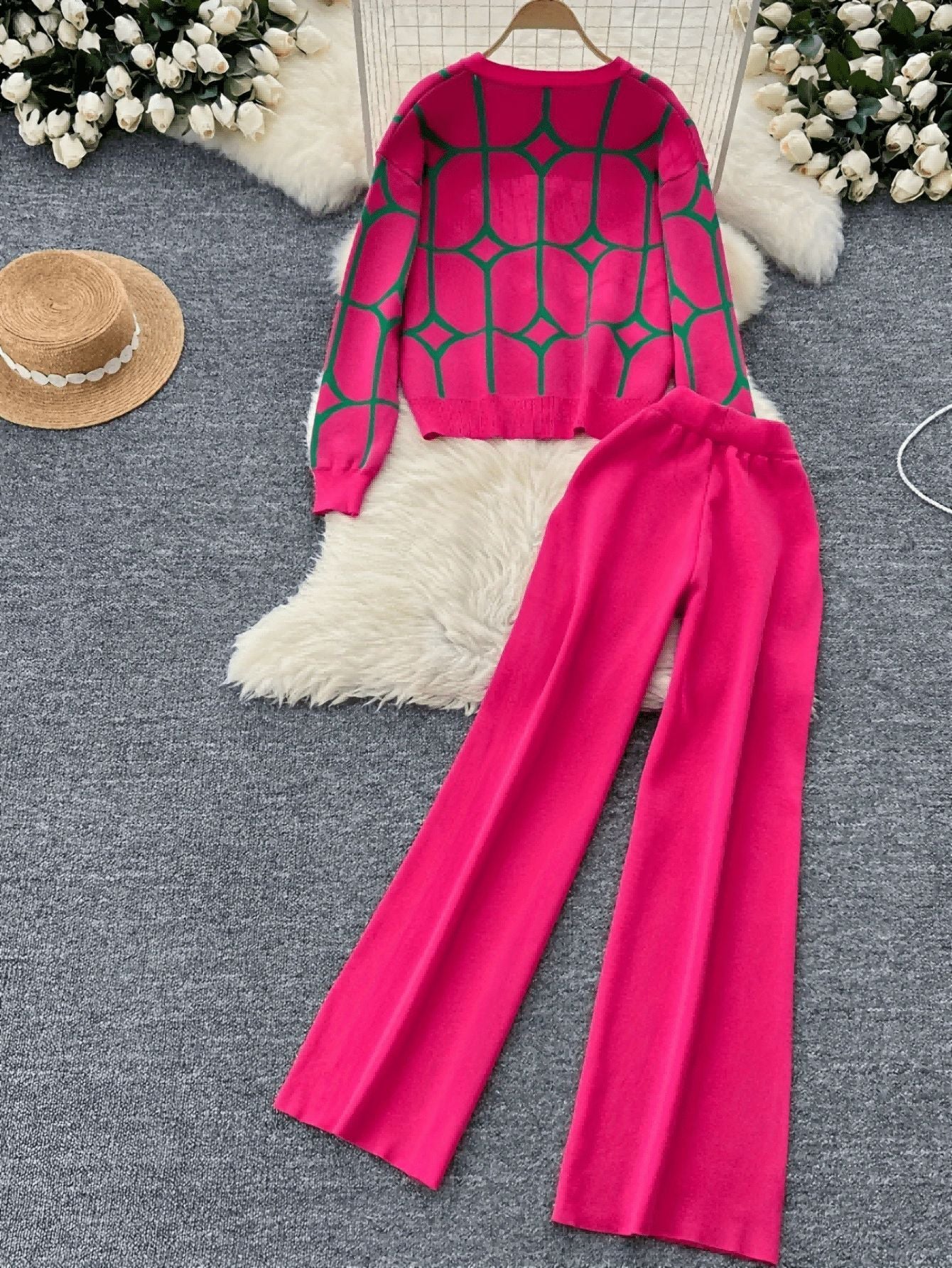 Women’s Jacquard V-Neck Knitted Two-Piece Cardigan Set