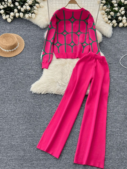 Women’s Jacquard V-Neck Knitted Two-Piece Cardigan Set