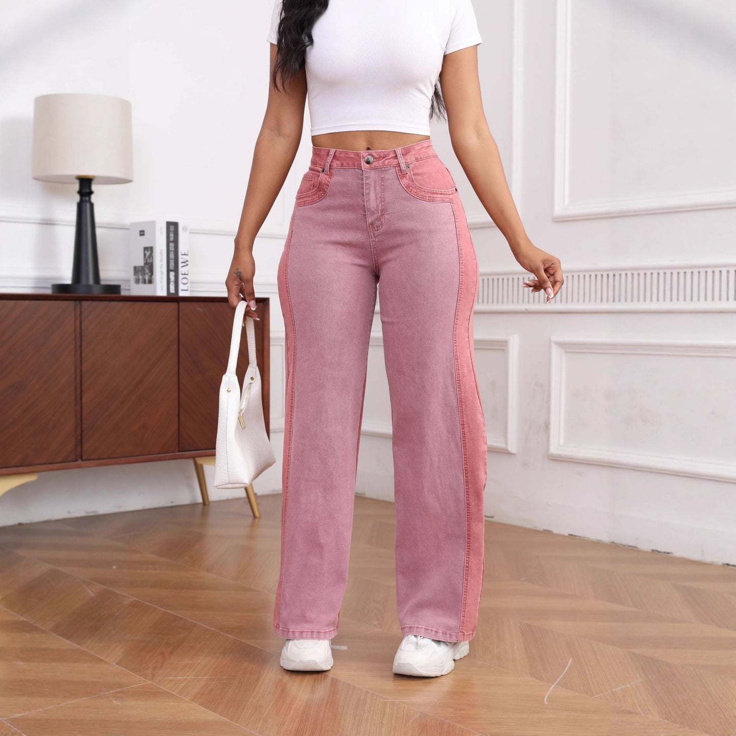 Women’s Color-Block Wide-Leg Washed Jeans