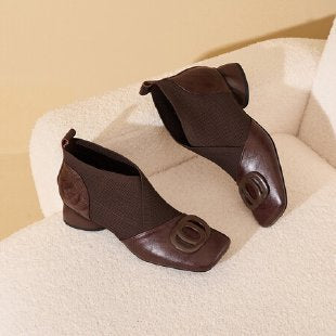 Women’s French Retro Square-Toe V-Cut Block Heel Shoes