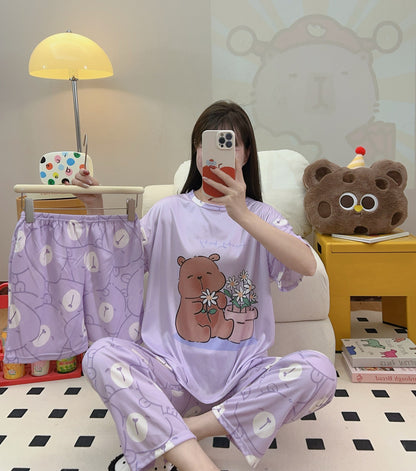 Women’s Double-Sided Milk Silk Cartoon Pajama Set (3-Piece)