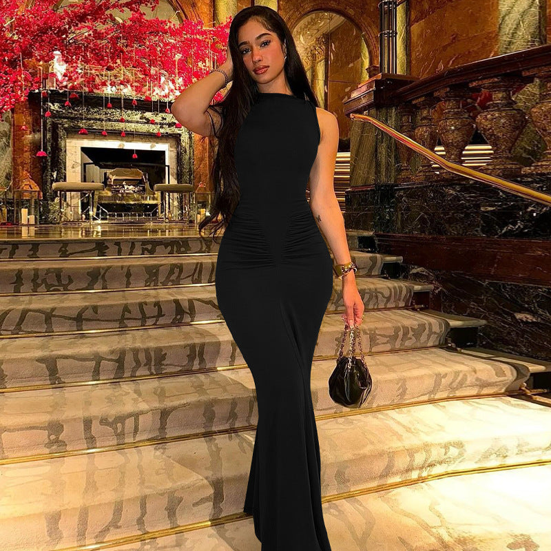 Women’s Elegant Pleated Slim-Fit Short Sleeve Dress