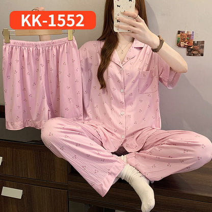 Women’s Korean Style Striped Bow 3-Piece Pajama Set