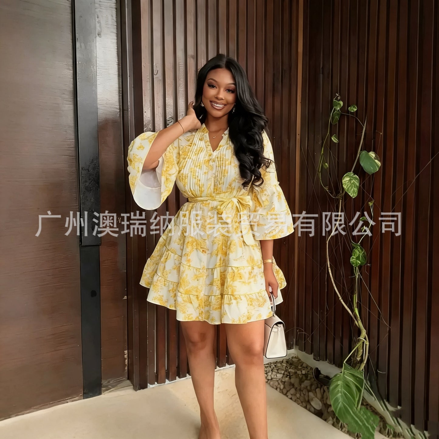 Women’s V-Neck Flared Sleeve Ruffle Dress
