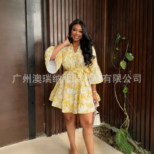 Women’s V-Neck Flared Sleeve Ruffle Dress