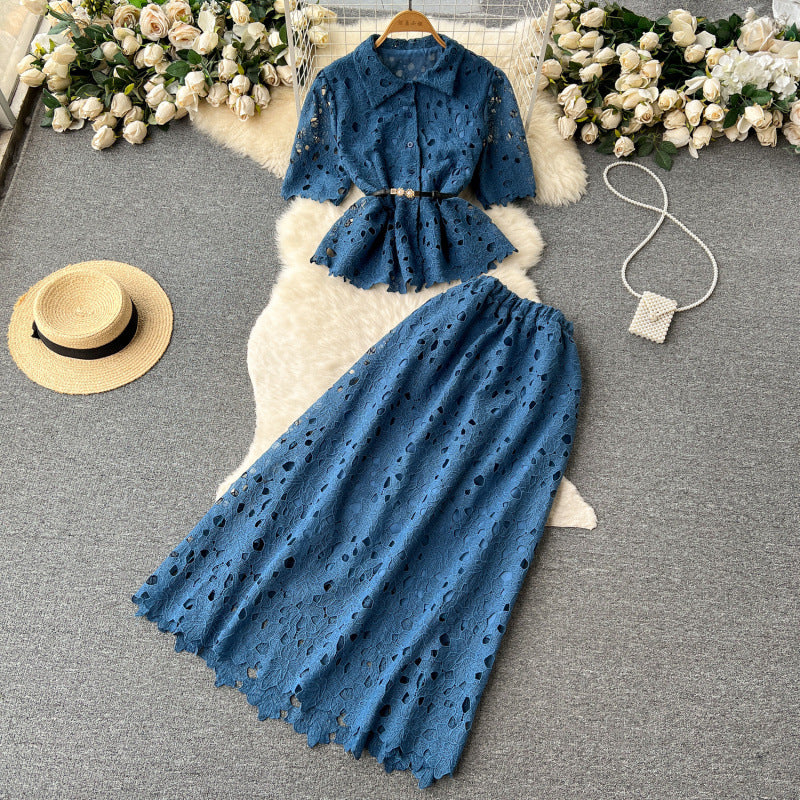 Women’s Ruffled Shirt & Pleated Midi Skirt Set