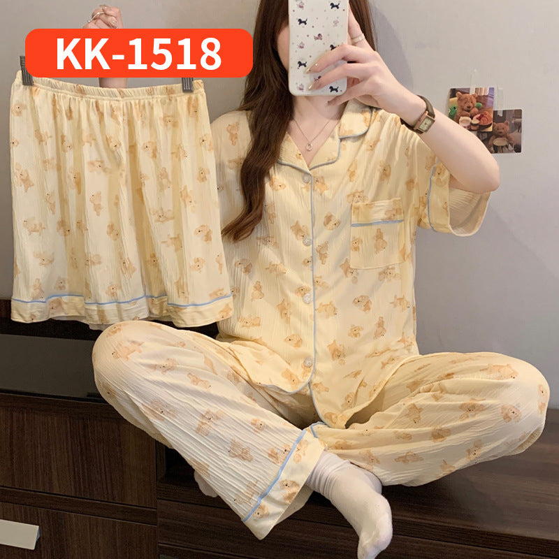 Women’s Korean Style Striped Bow 3-Piece Pajama Set