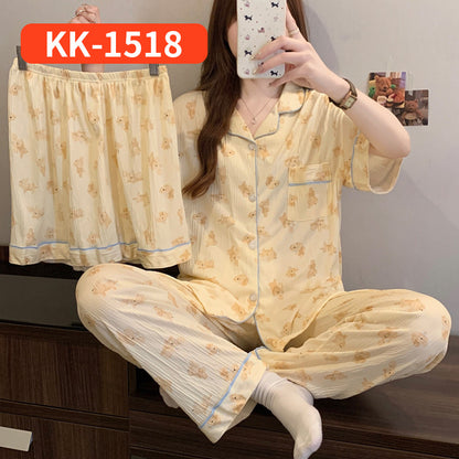 Women’s Korean Style Striped Bow 3-Piece Pajama Set