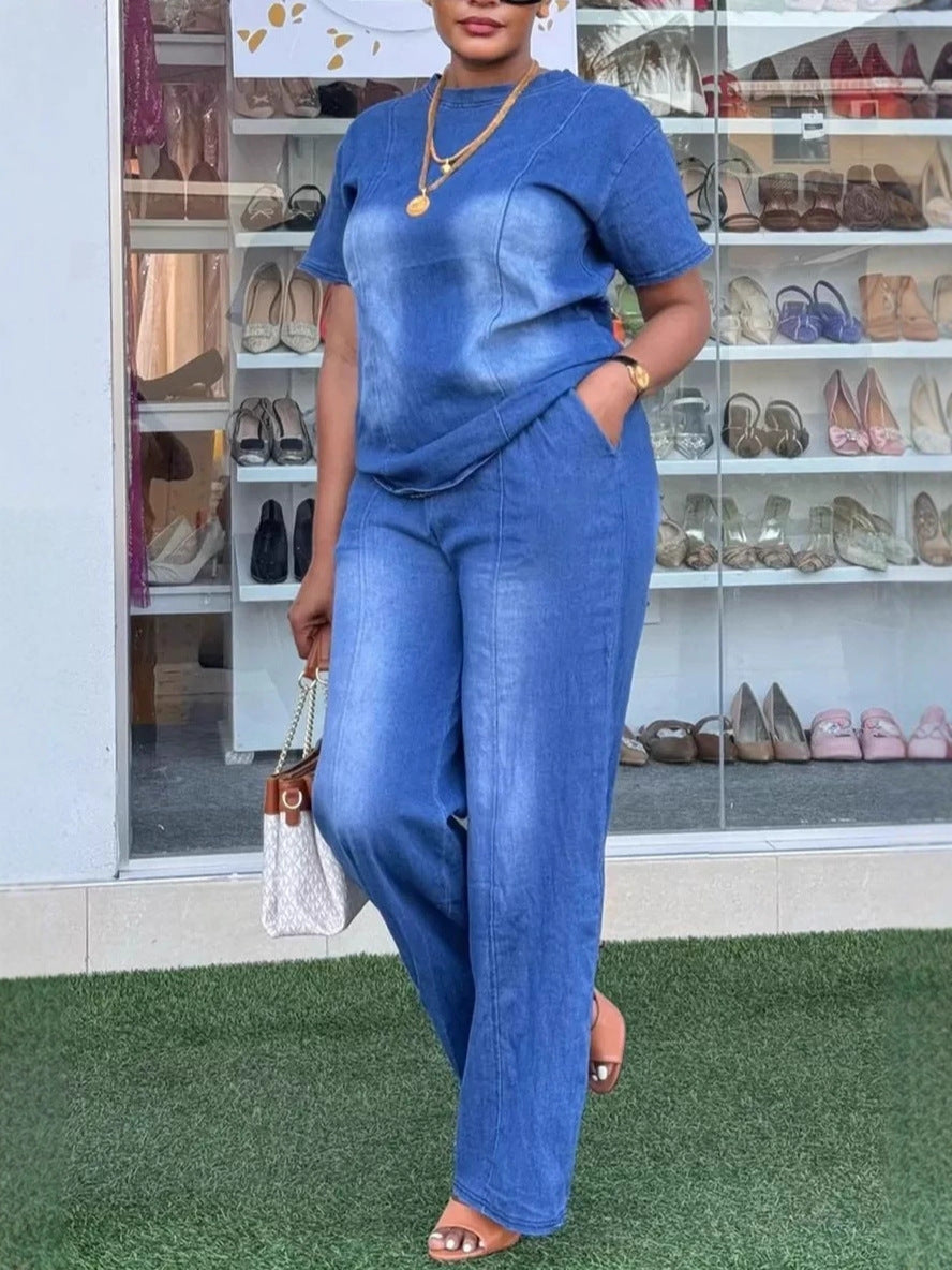 Women’s Washed Blue Denim Two-Piece Suit Set