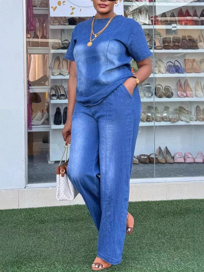 Women’s Washed Blue Denim Two-Piece Suit Set