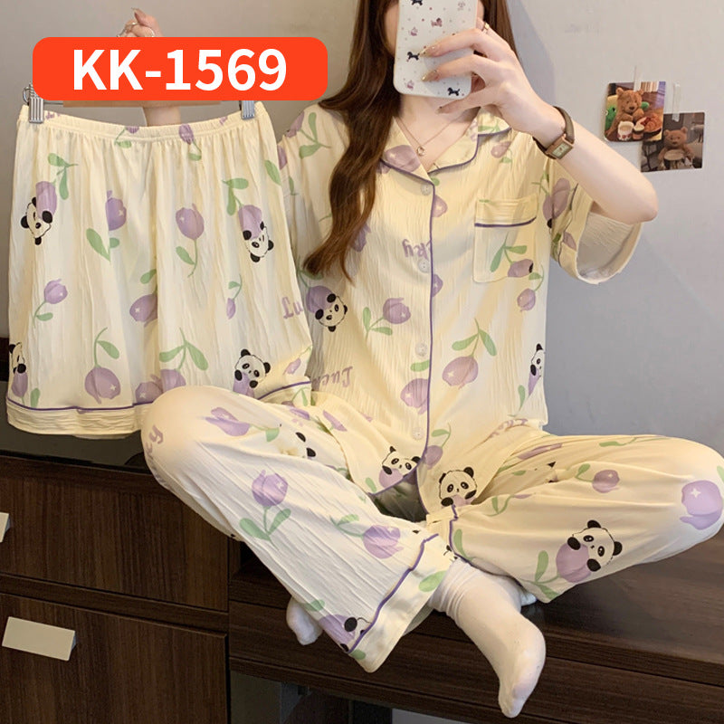 Women’s Korean Style Striped Bow 3-Piece Pajama Set