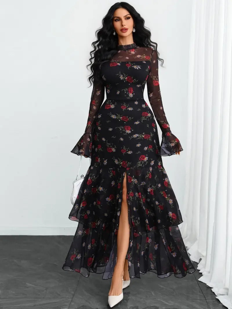 Women’s Semi-High Neck Slit Banquet Maxi Dress