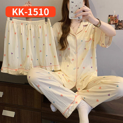 Women’s Korean Style Striped Bow 3-Piece Pajama Set