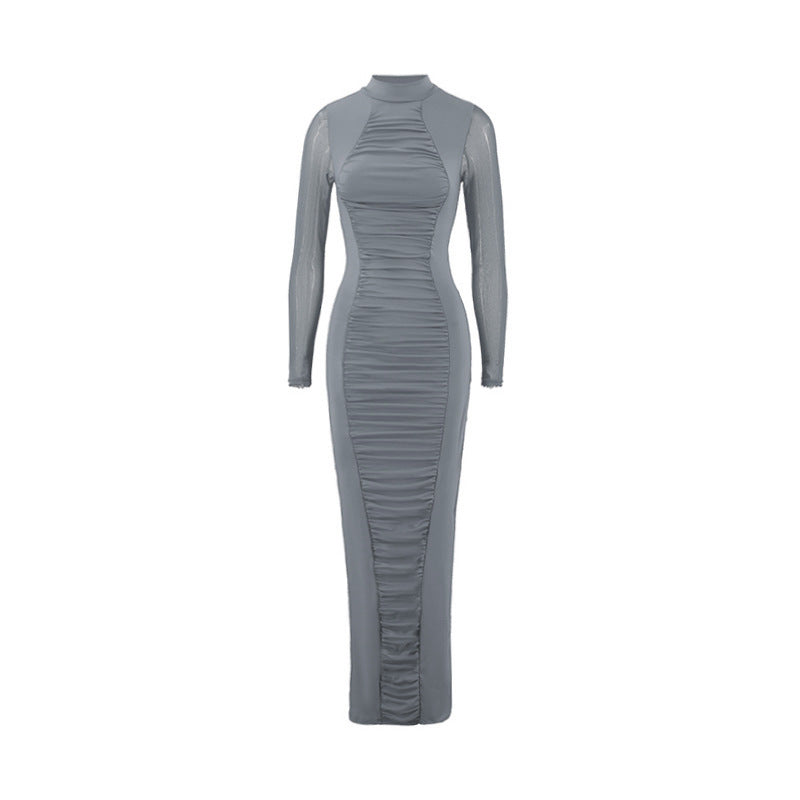 Women’s Elegant High-Neck Pleated Slim Midi Dress