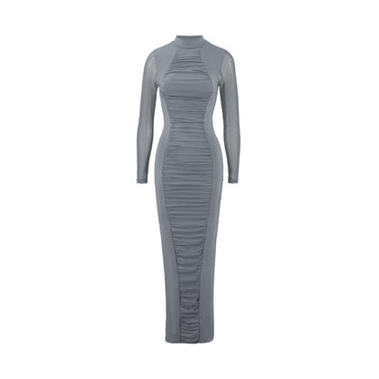 Women’s Elegant High-Neck Pleated Slim Midi Dress