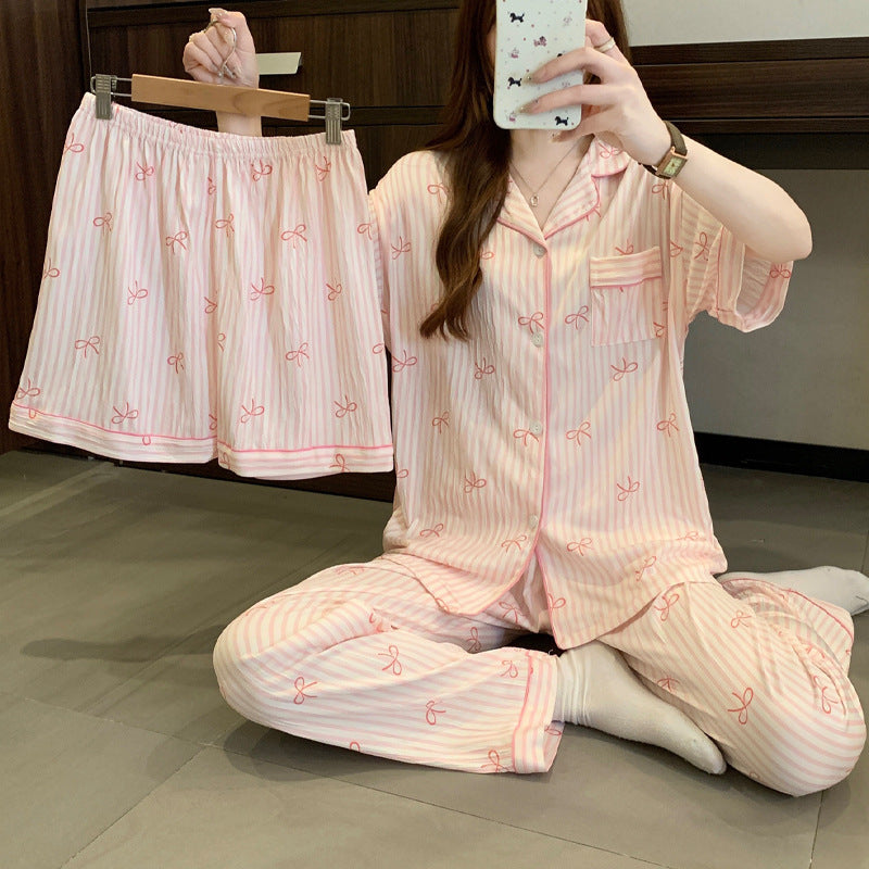 Women’s Korean Style Striped Bow 3-Piece Pajama Set