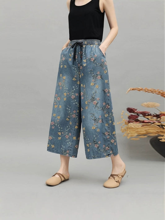 Women’s Printed Wide-Leg Cropped Jeans with Drawstring Waist