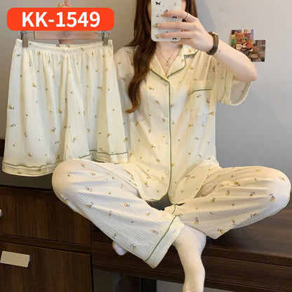 Women’s Korean Style Striped Bow 3-Piece Pajama Set