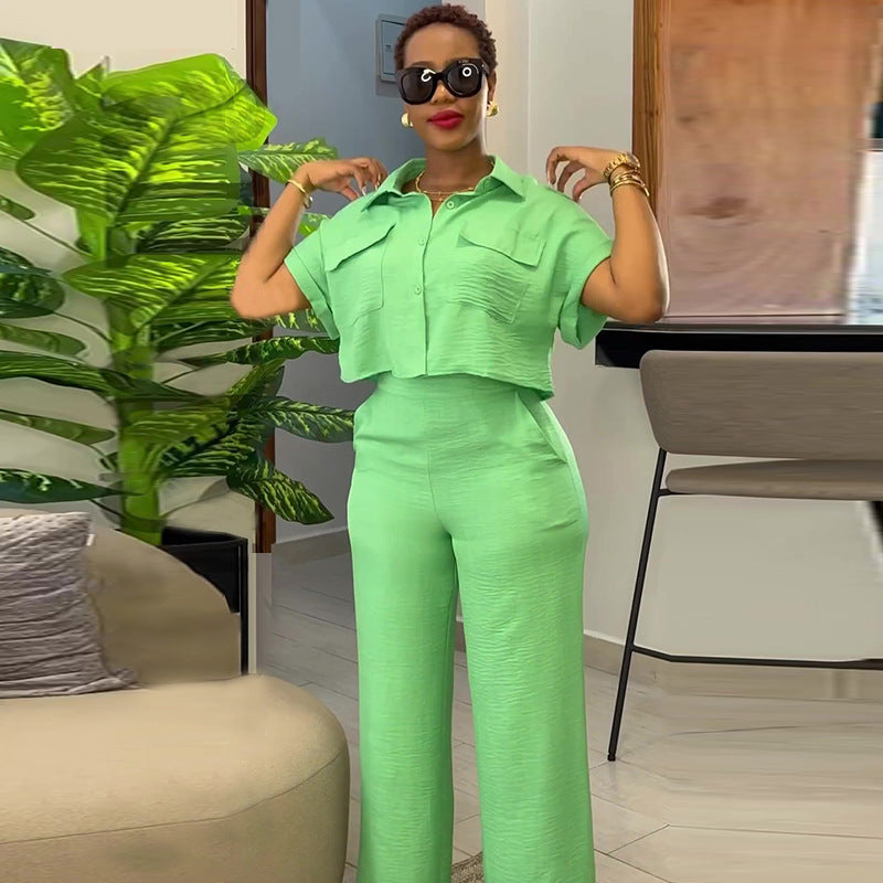 Women’s Lapel Short Sleeve Shirt & Wide Leg Pants Set