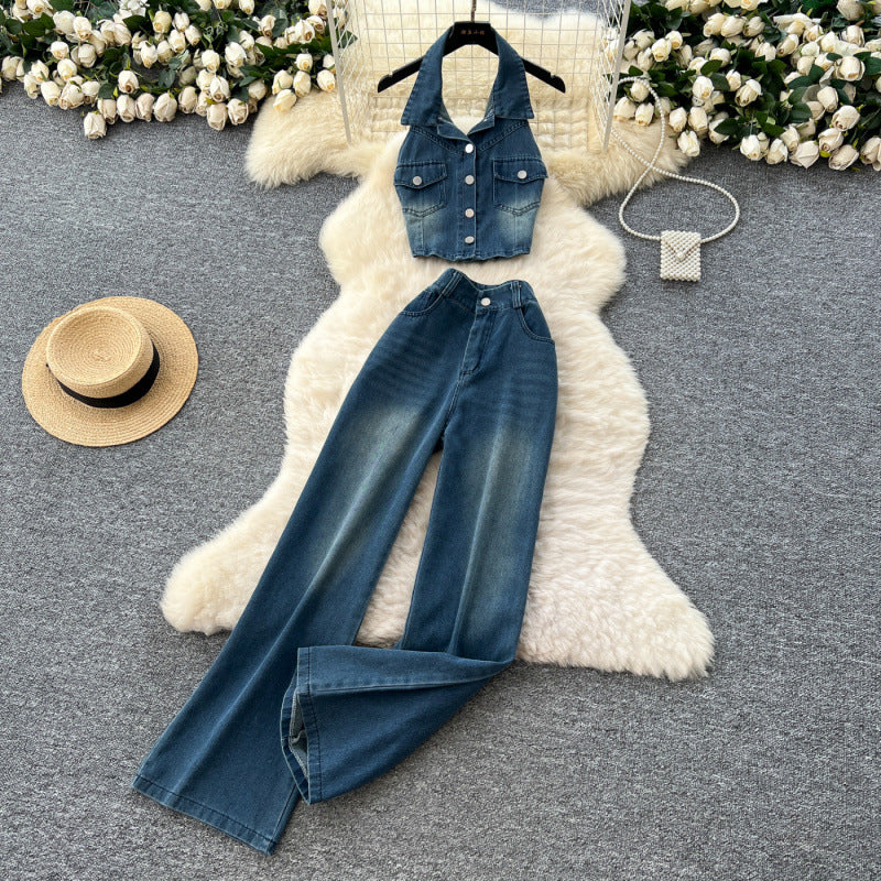 Women’s Vintage Denim Halter Top & Pants Set