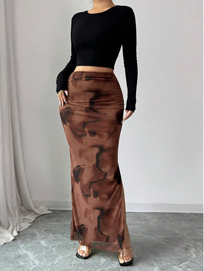 Women’s High-Waist Mesh Slit Midi Skirt
