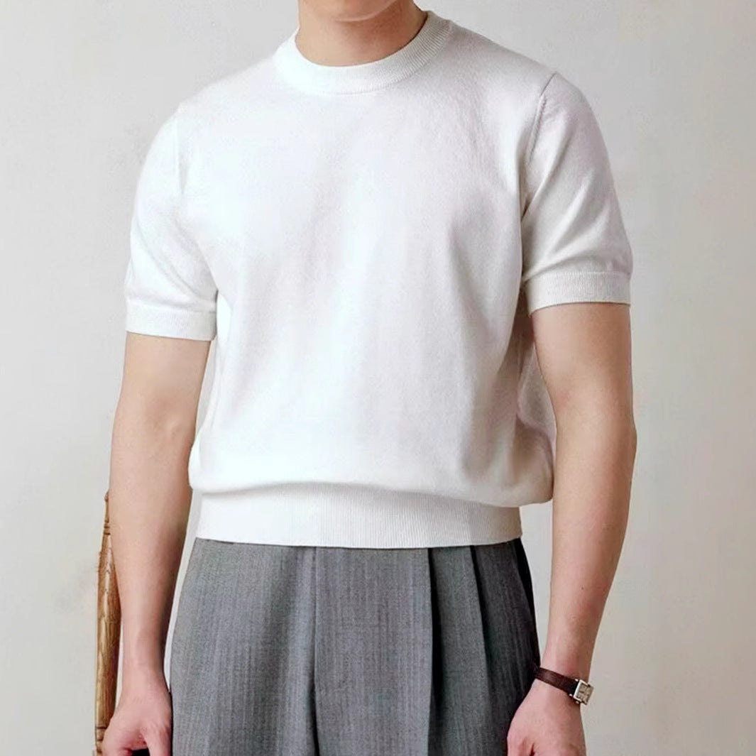 Men’s Korean Style Ice Silk Knitted Crew Neck T-Shirt