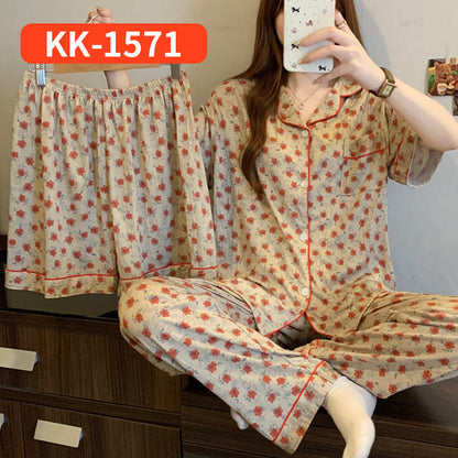 Women’s Korean Style Striped Bow 3-Piece Pajama Set