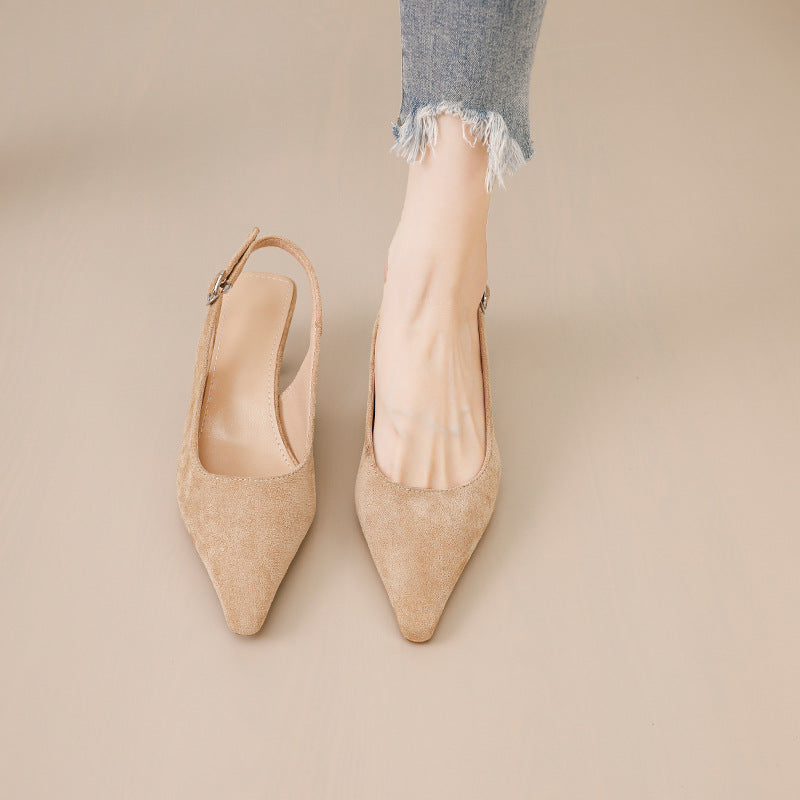 Women’s French Pointed Toe Suede Mid-Heel Sandals