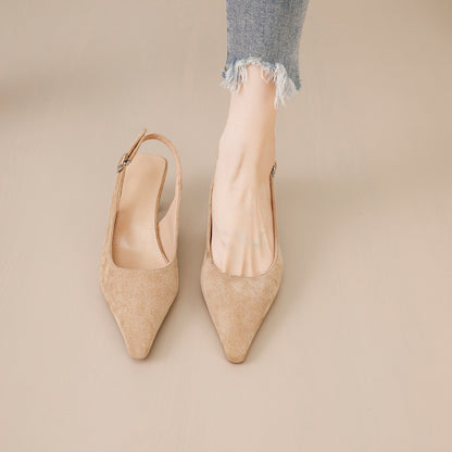 Women’s French Pointed Toe Suede Mid-Heel Sandals