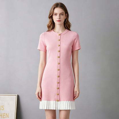 Women’s French Patchwork Knit Pleated Short Sleeve Dress