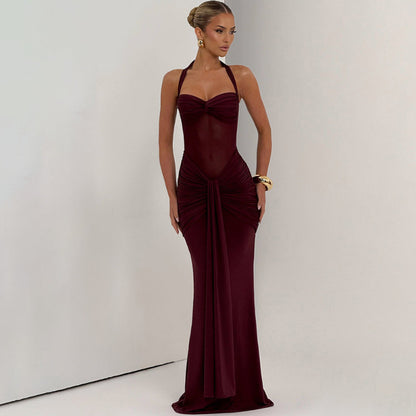 Women’s Halterneck Mesh Splice Maxi Dress