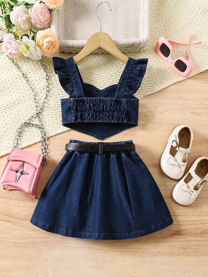 Girls’ Flutter Sleeve Top & Pleated Denim Skirt Set