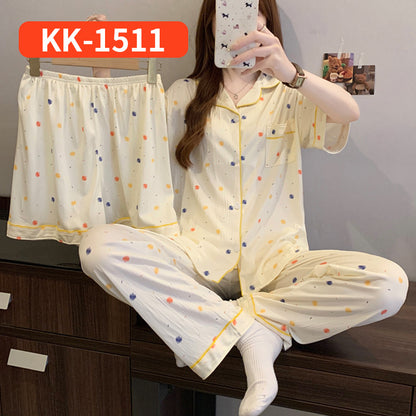 Women’s Korean Style Striped Bow 3-Piece Pajama Set