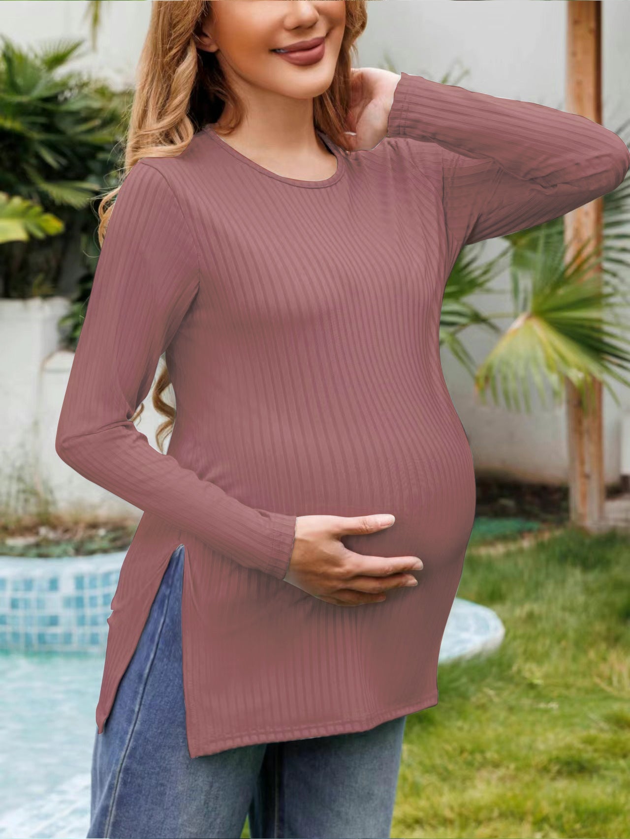 Women’s Maternity Long Sleeve High-Slit Tunic Top