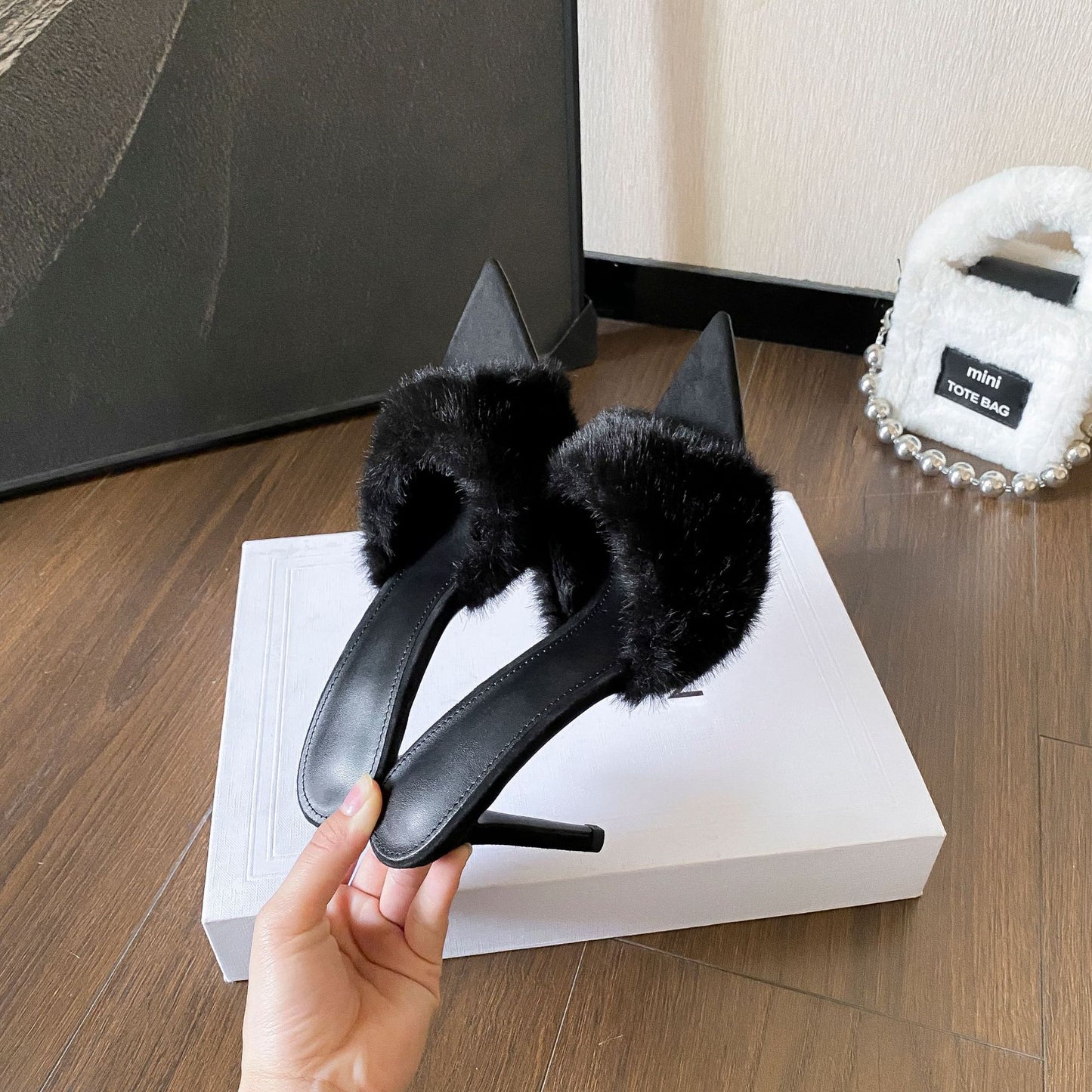 Women’s Pointed-Toe Fleece High Heel Mules