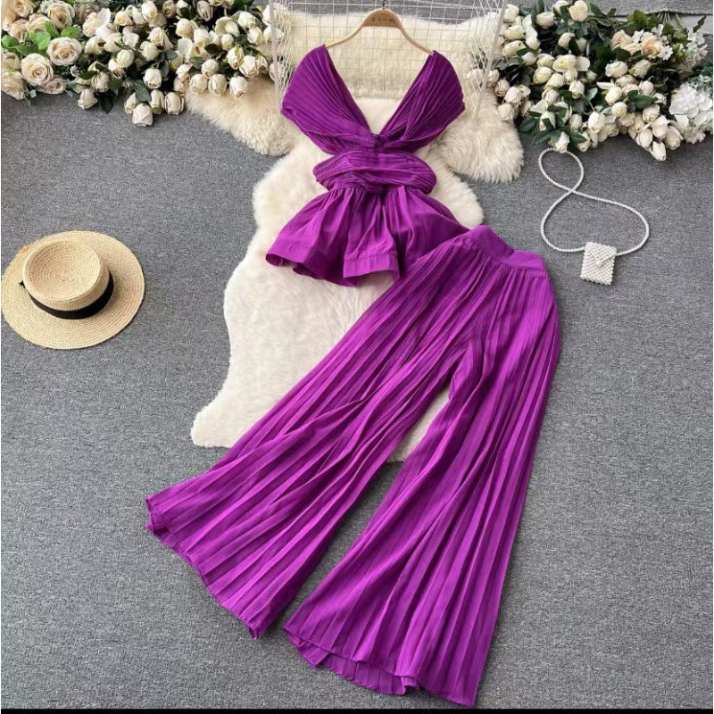 Women’s Pleated Chiffon Top & Wide-Leg Trousers Set