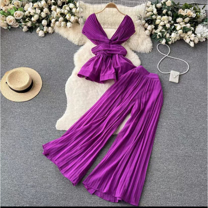 Women’s Pleated Chiffon Top & Wide-Leg Trousers Set