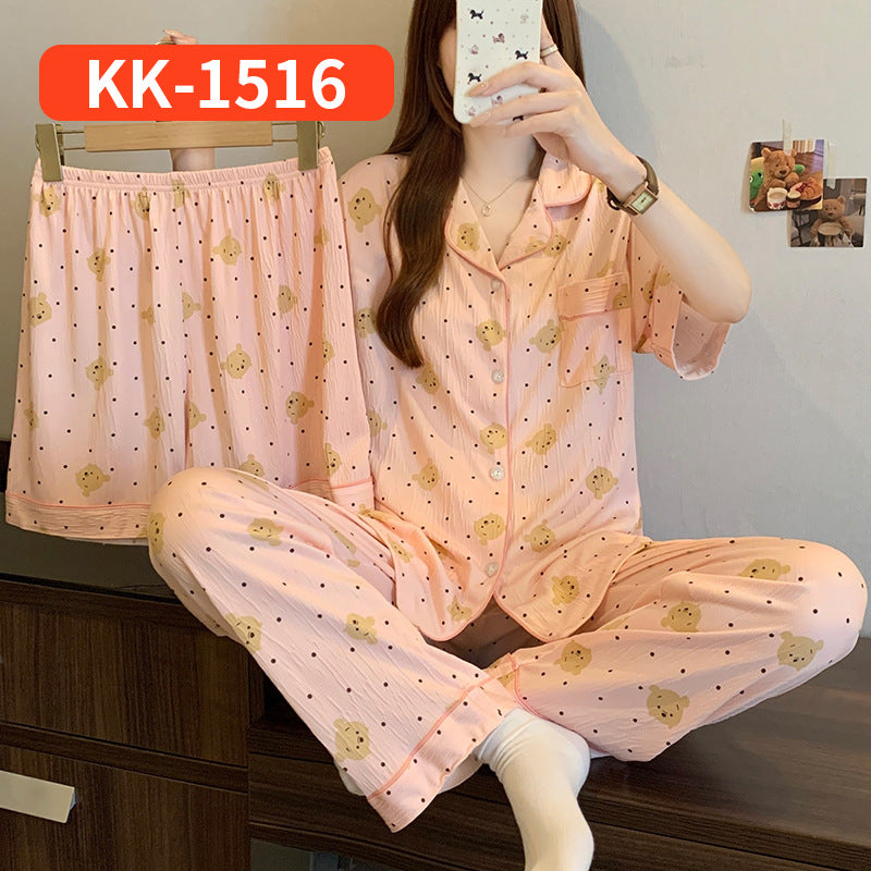 Women’s Korean Style Striped Bow 3-Piece Pajama Set