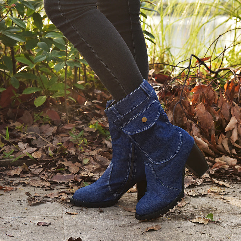 Women’s Vintage Chunky Heel Denim Ankle Boots