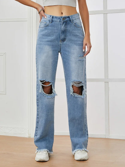 High Waist Ripped Loose Jeans for Women