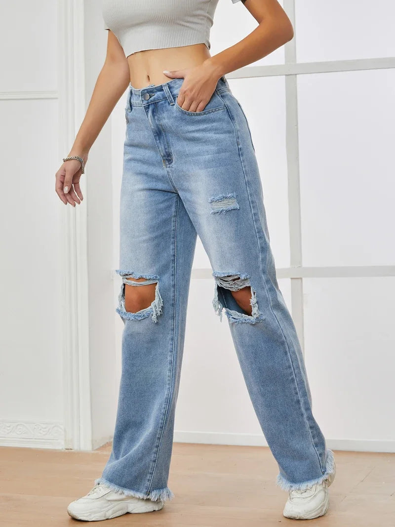 High Waist Ripped Loose Jeans for Women