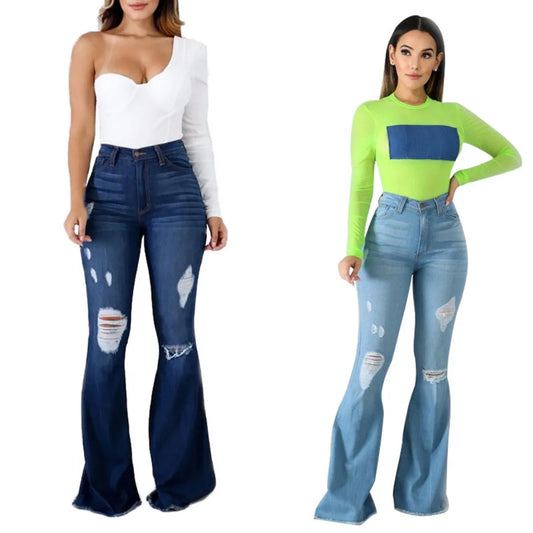 High Waist Flared Ripped Jeans for Women