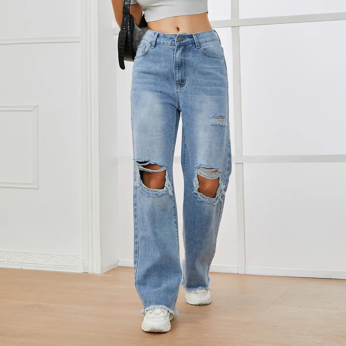 High Waist Ripped Loose Jeans for Women