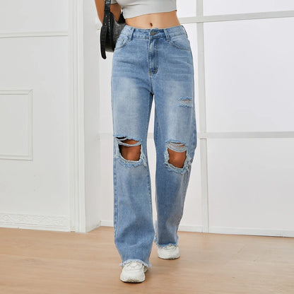 High Waist Ripped Loose Jeans for Women
