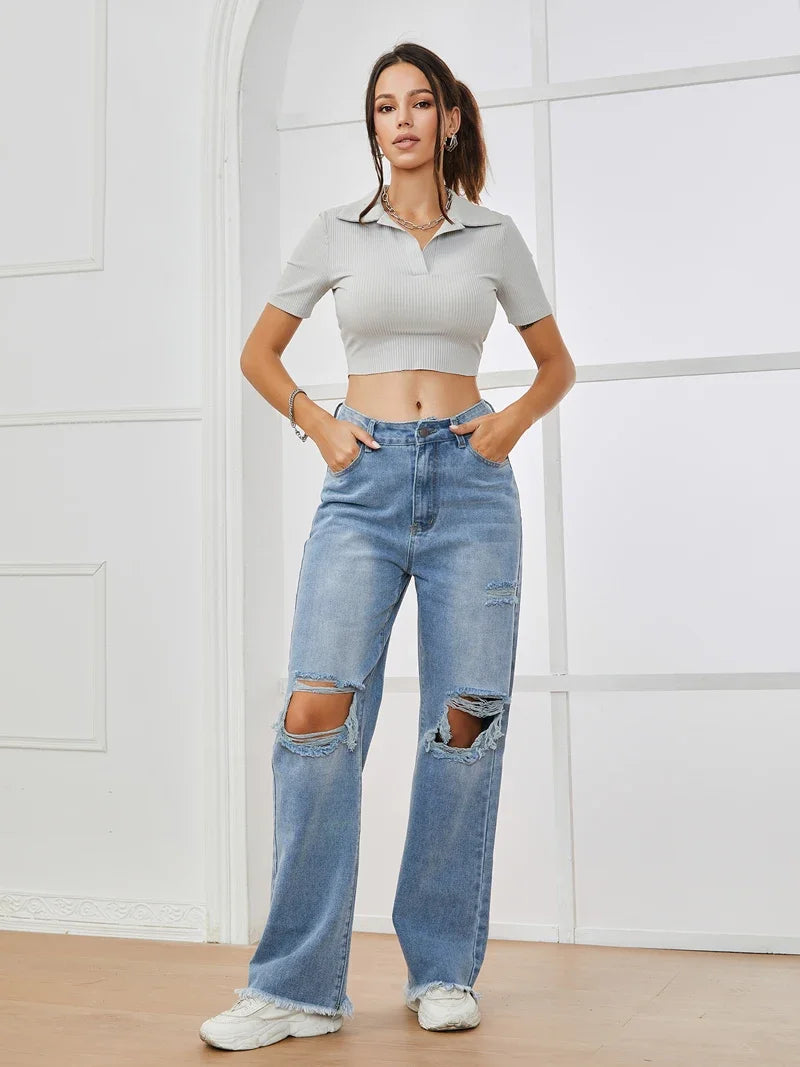 High Waist Ripped Loose Jeans for Women