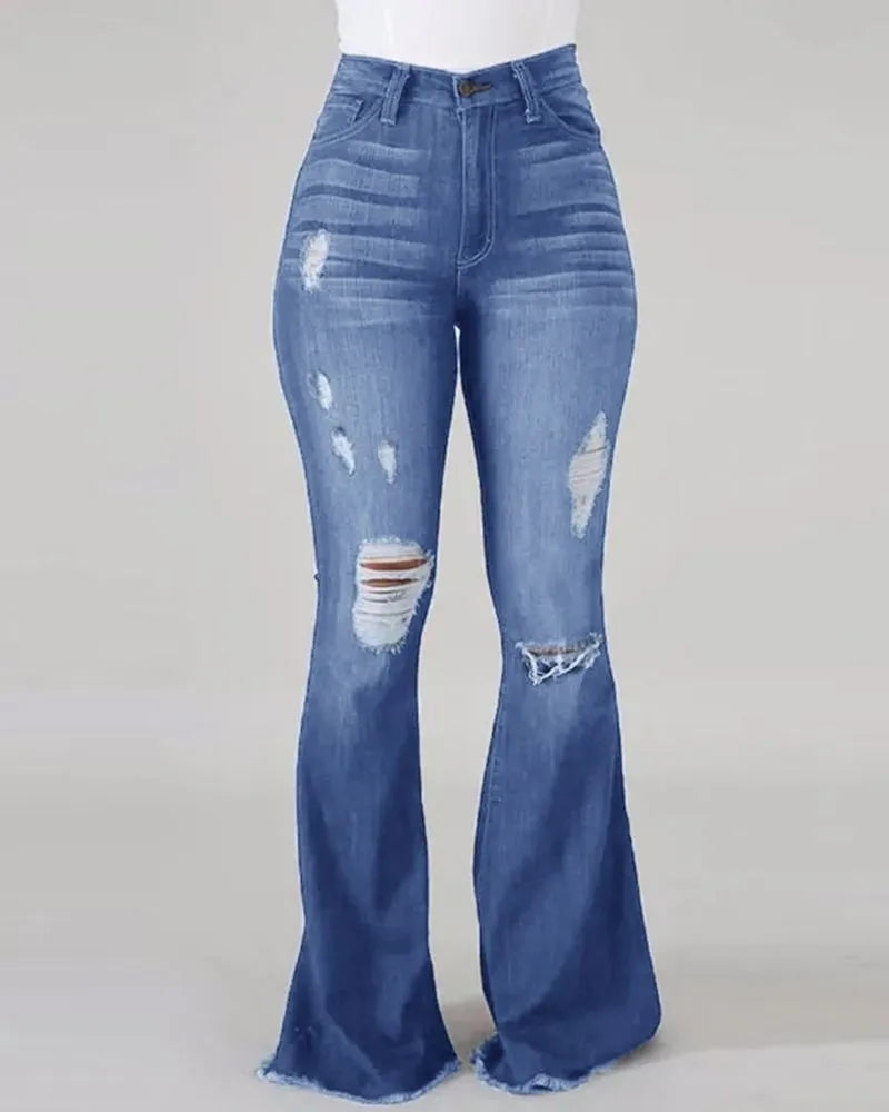 High Waist Flared Ripped Jeans for Women